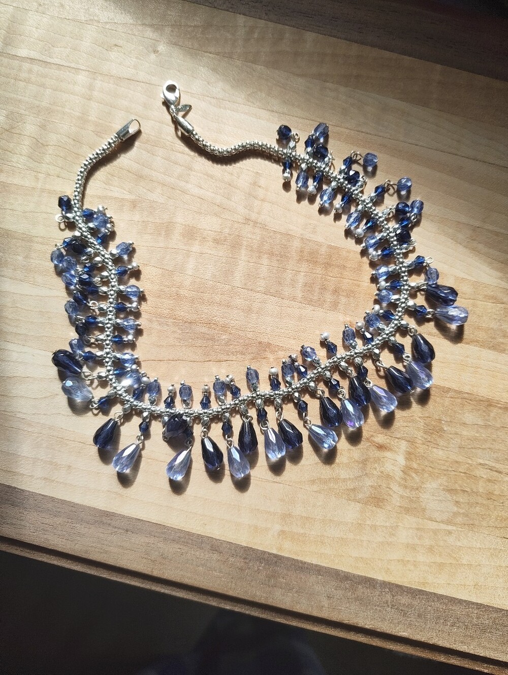 Vintage 1991 Avon Blue Beaded Fringe Choker Necklace - Signed SR
